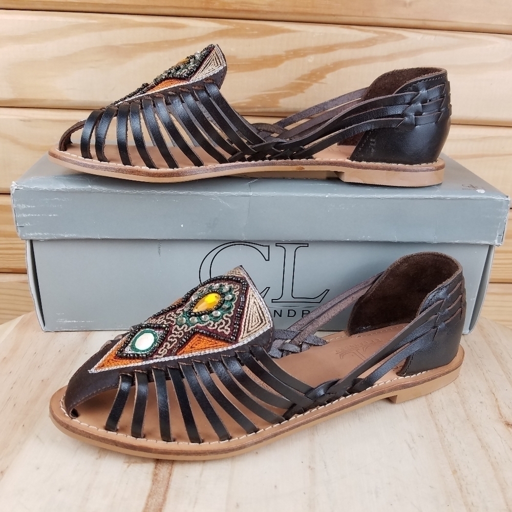 NEW CL Nandi Huarache Sandal Flat Womens 6 Leather Embellished Boho Gypsy Woven